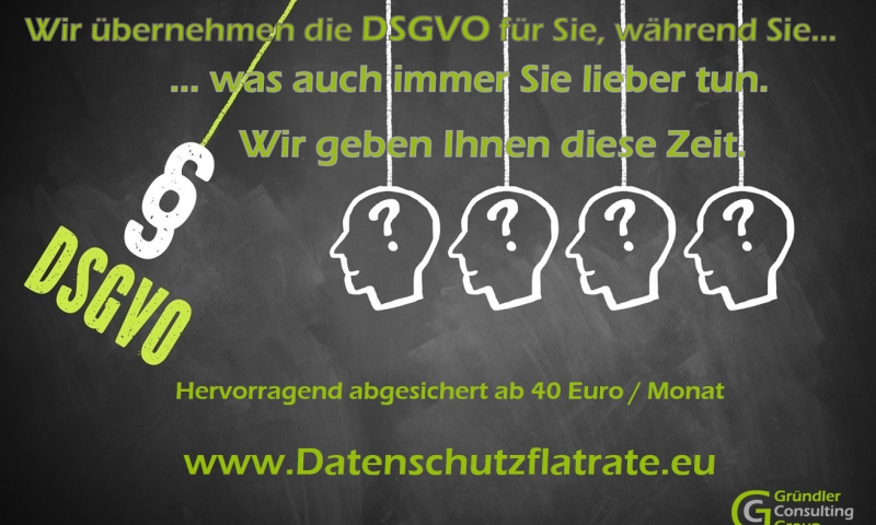 Datenschutzflatrate - Wir übernehmen die Umsetzung der DSGVO für Sie, damit Sie sich um Ihre Haupttätigkeit kümmern können. Dabei sichern wir Sie soweit ab, dass Sie den Rechten der Kunden und Mitarbeiter oder Mitgliedern gerecht werden und Abmahnungen bei Ihnen ein Fremdwort bleiben. Ideal auch für Firmen und Vereine die keinen Datenschutzbeauftragten brauchen.