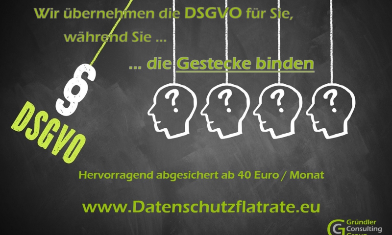 Datenschutzflatrate - Wir übernehmen die Umsetzung der DSGVO für Sie, damit Sie sich um Ihre Haupttätigkeit kümmern können. Dabei sichern wir Sie soweit ab, dass Sie den Rechten der Kunden und Mitarbeiter oder Mitgliedern gerecht werden und Abmahnungen bei Ihnen ein Fremdwort bleiben. Ideal auch für Firmen und Vereine die keinen Datenschutzbeauftragten brauchen.