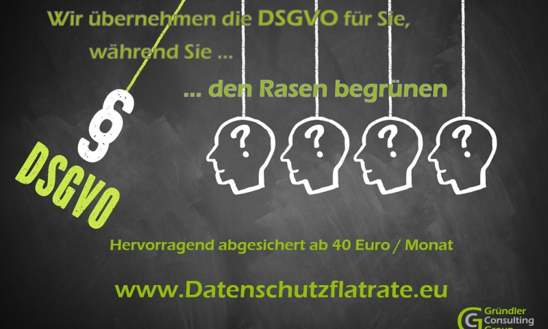 Datenschutzflatrate - Wir übernehmen die Umsetzung der DSGVO für Sie, damit Sie sich um Ihre Haupttätigkeit kümmern können. Dabei sichern wir Sie soweit ab, dass Sie den Rechten der Kunden und Mitarbeiter oder Mitgliedern gerecht werden und Abmahnungen bei Ihnen ein Fremdwort bleiben. Ideal auch für Firmen und Vereine die keinen Datenschutzbeauftragten brauchen.