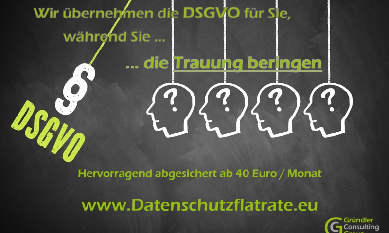 Datenschutzflatrate - Wir übernehmen die Umsetzung der DSGVO für Sie, damit Sie sich um Ihre Haupttätigkeit kümmern können. Dabei sichern wir Sie soweit ab, dass Sie den Rechten der Kunden und Mitarbeiter oder Mitgliedern gerecht werden und Abmahnungen bei Ihnen ein Fremdwort bleiben. Ideal auch für Firmen und Vereine die keinen Datenschutzbeauftragten brauchen.