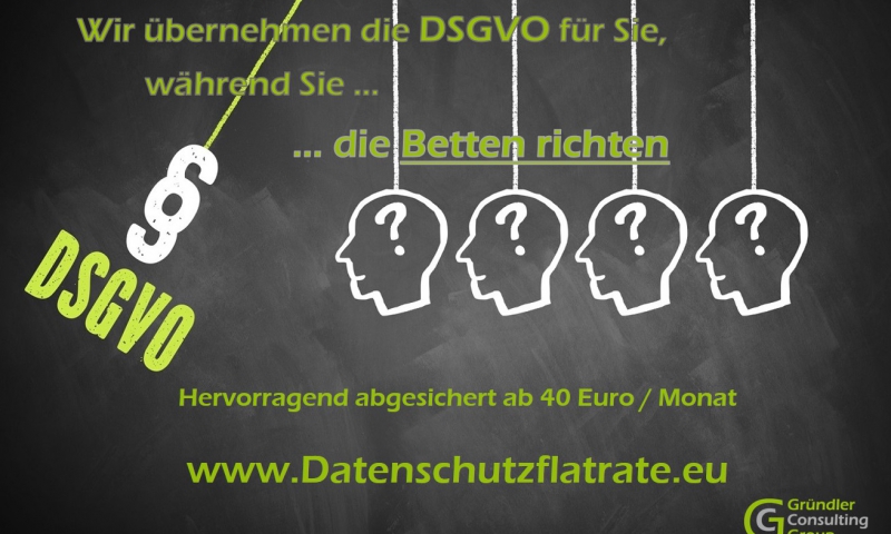 Datenschutzflatrate - Wir übernehmen die Umsetzung der DSGVO für Sie, damit Sie sich um Ihre Haupttätigkeit kümmern können. Dabei sichern wir Sie soweit ab, dass Sie den Rechten der Kunden und Mitarbeiter oder Mitgliedern gerecht werden und Abmahnungen bei Ihnen ein Fremdwort bleiben. Ideal auch für Firmen und Vereine die keinen Datenschutzbeauftragten brauchen.