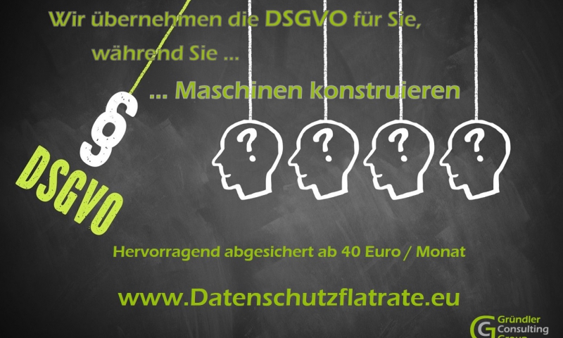 Datenschutzflatrate - Wir übernehmen die Umsetzung der DSGVO für Sie, damit Sie sich um Ihre Haupttätigkeit kümmern können. Dabei sichern wir Sie soweit ab, dass Sie den Rechten der Kunden und Mitarbeiter oder Mitgliedern gerecht werden und Abmahnungen bei Ihnen ein Fremdwort bleiben. Ideal auch für Firmen und Vereine die keinen Datenschutzbeauftragten brauchen.